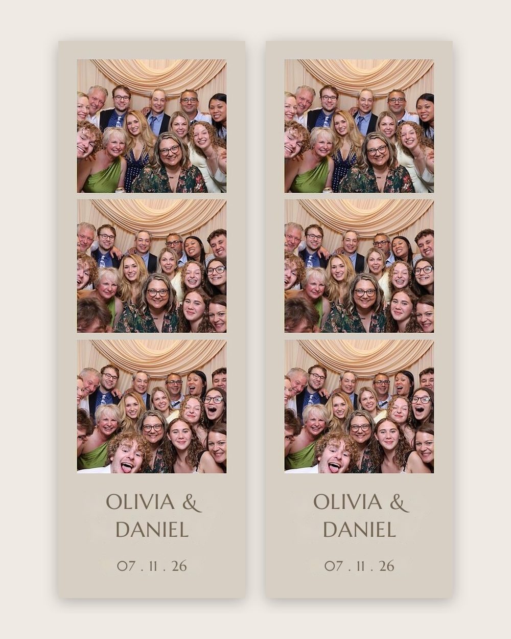 Champagne drape wedding photo strips with a large group