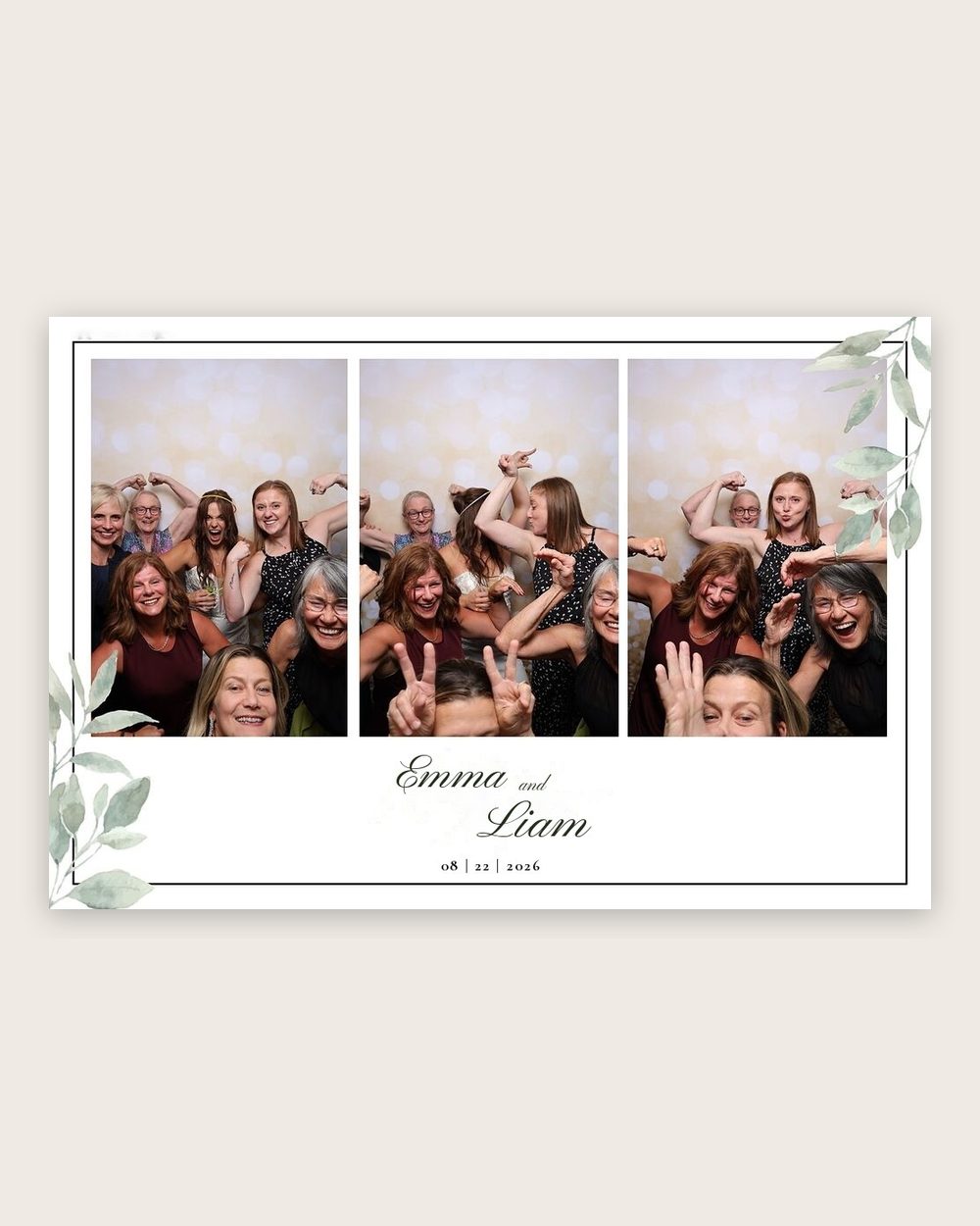 A wedding print with three photos and a greenery border