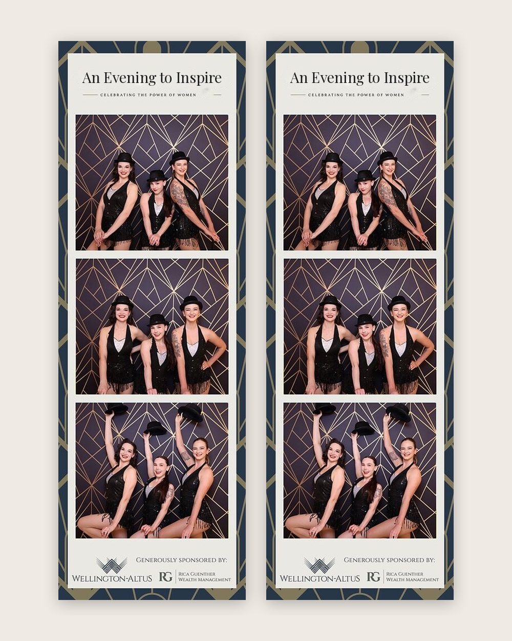 Art deco gala photo strips with a sponsor footer