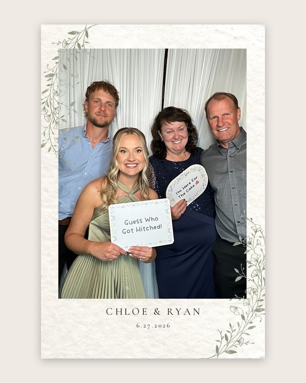 A single-photo wedding print with a greenery border