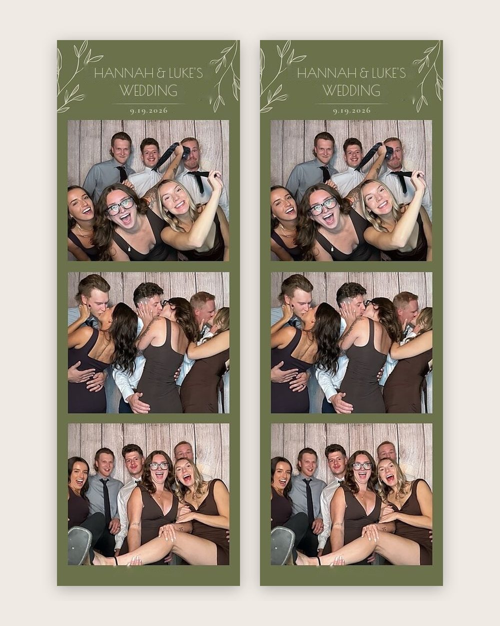 Sage green wedding photo strips with a wood backdrop