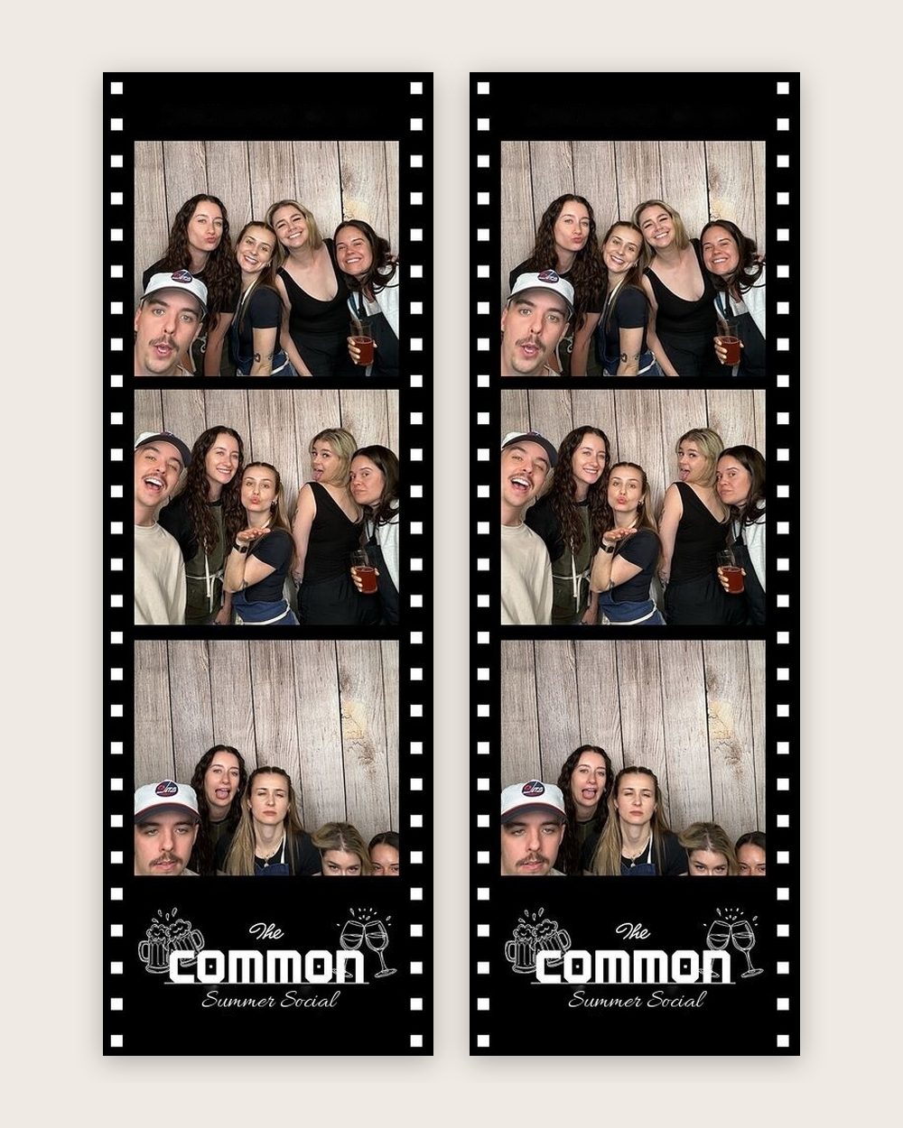 Film-strip style photo strips with a company logo